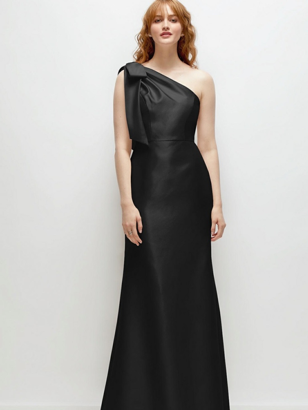 NWT Dessy Group Satin Twill One-Shoulder Black Evening Gown with Sculpted Bow